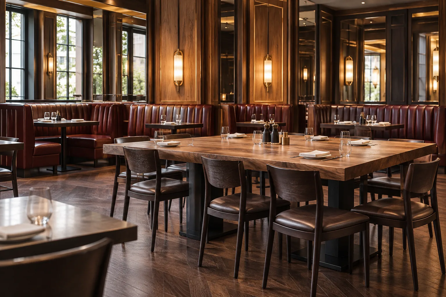 Restaurant in full evening service with red banquette seating