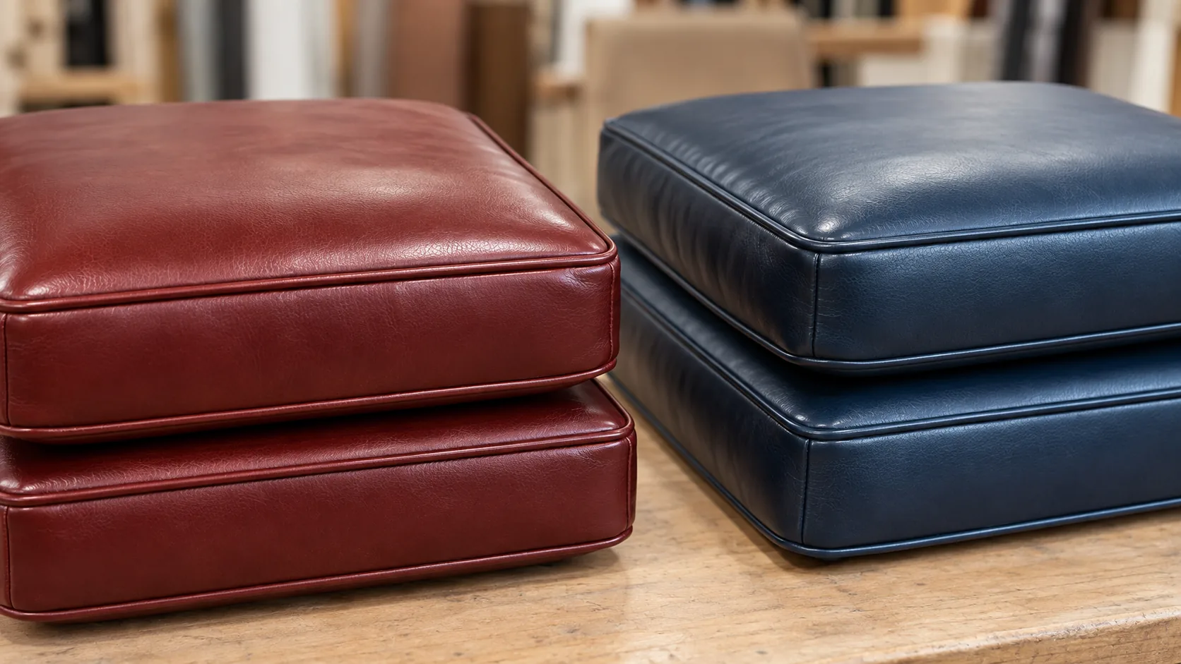 Red and navy reupholstered seat cushions stacked in a workshop