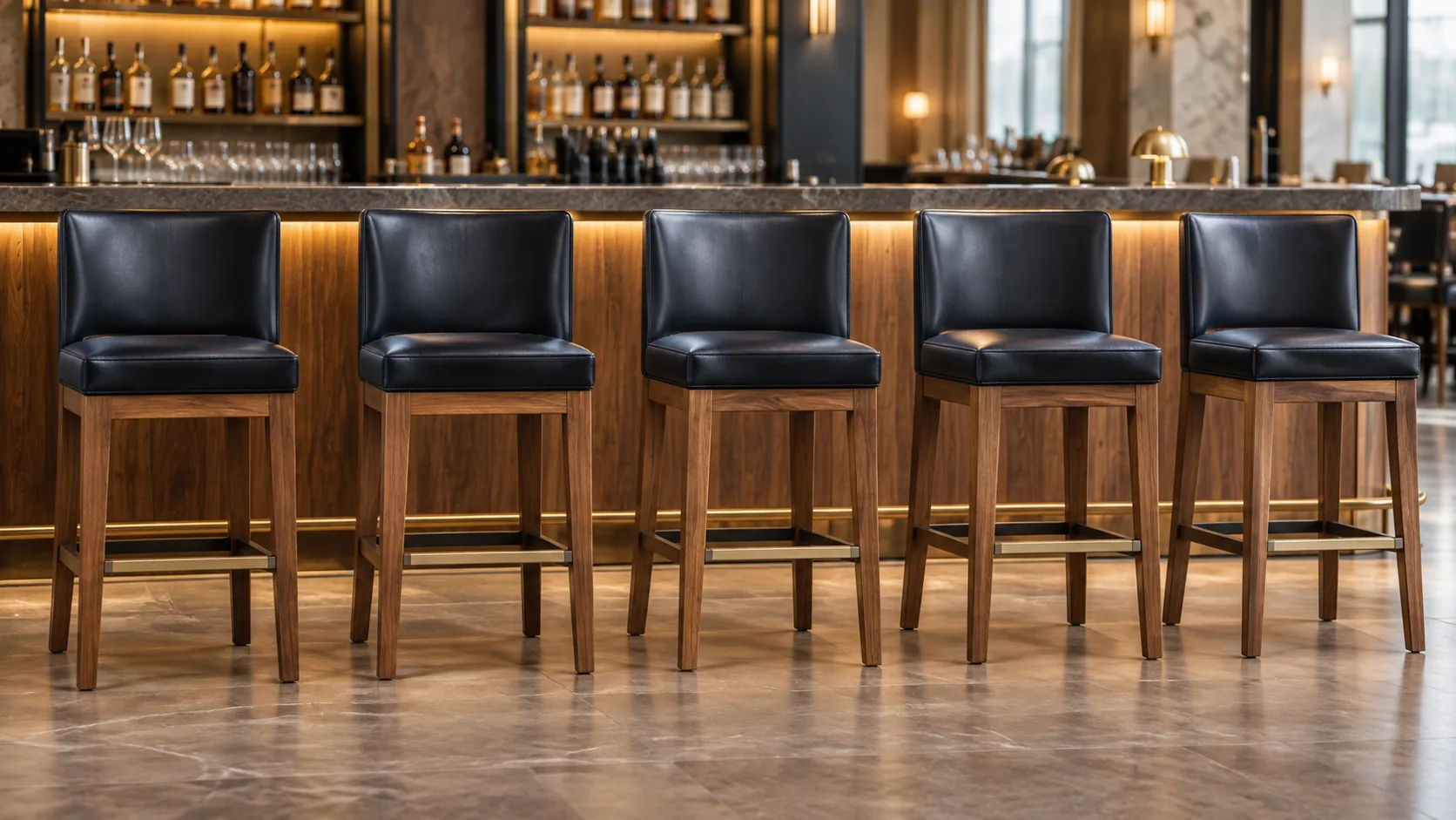 Black leather bar stools along a bar counter