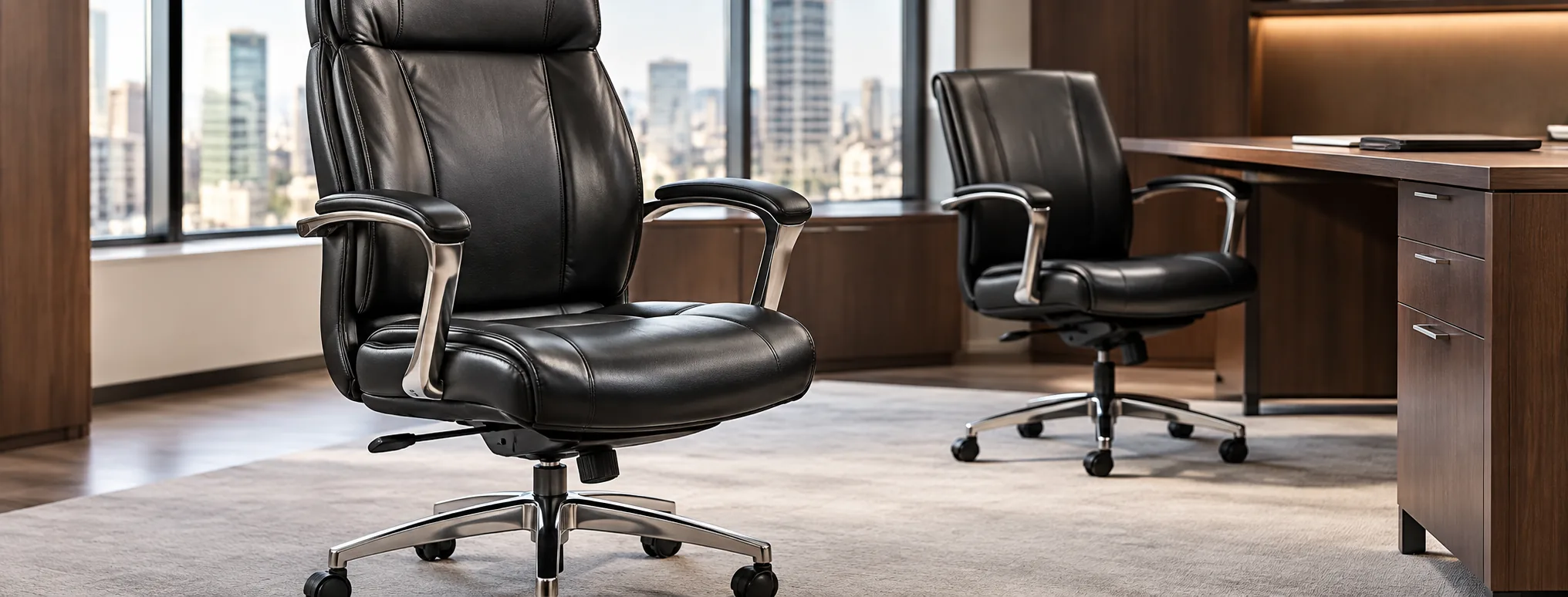 Black executive office chairs beside a city window