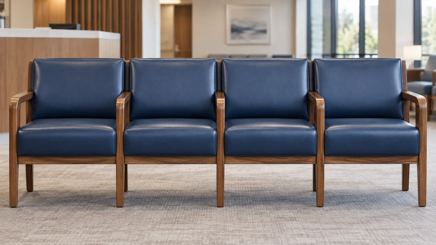 Row of navy waiting-room chairs