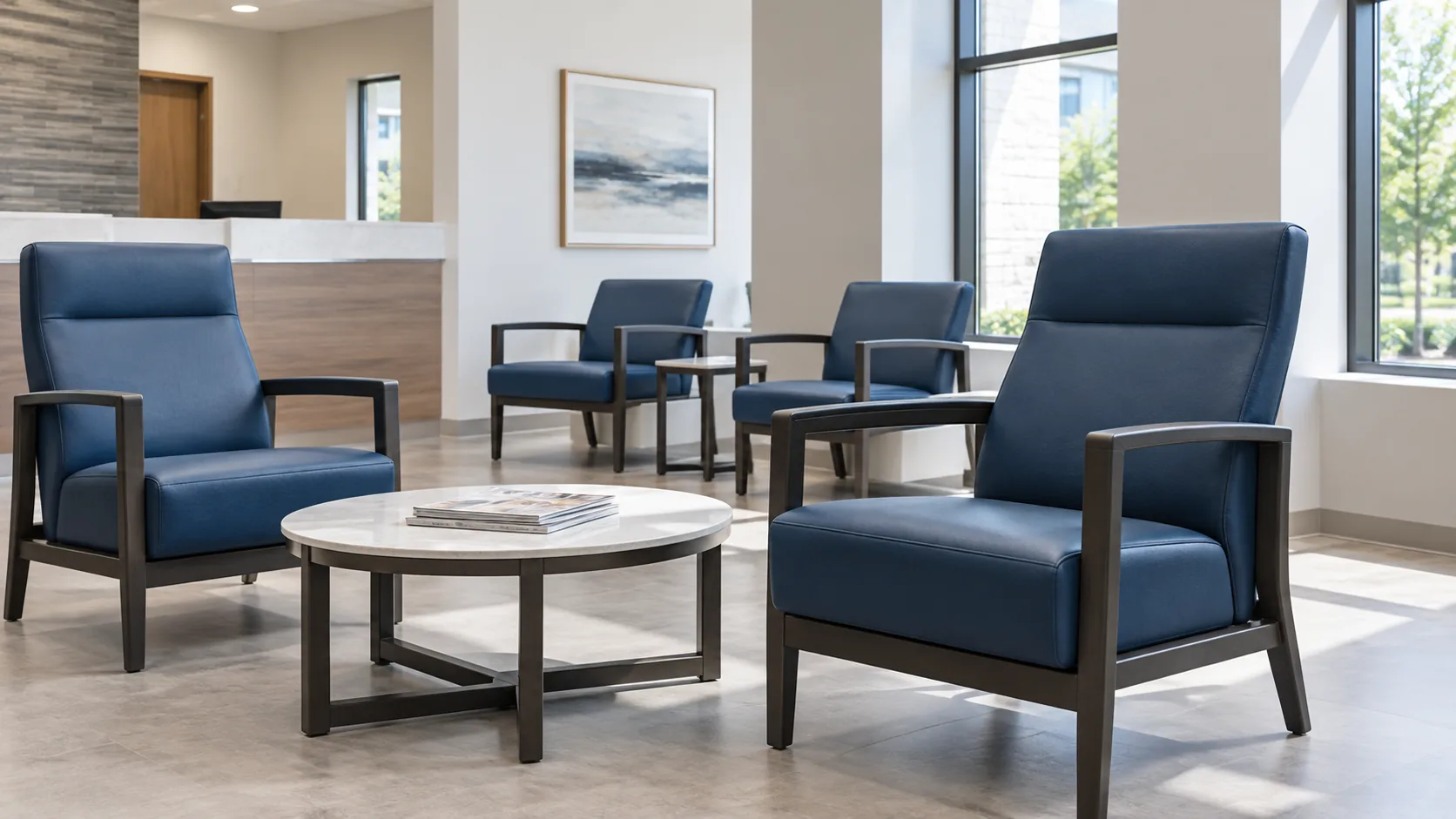 Blue armchairs in a healthcare waiting area