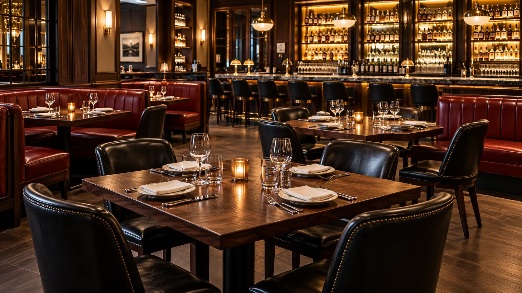 Red banquette seating in a restaurant and bar dining room