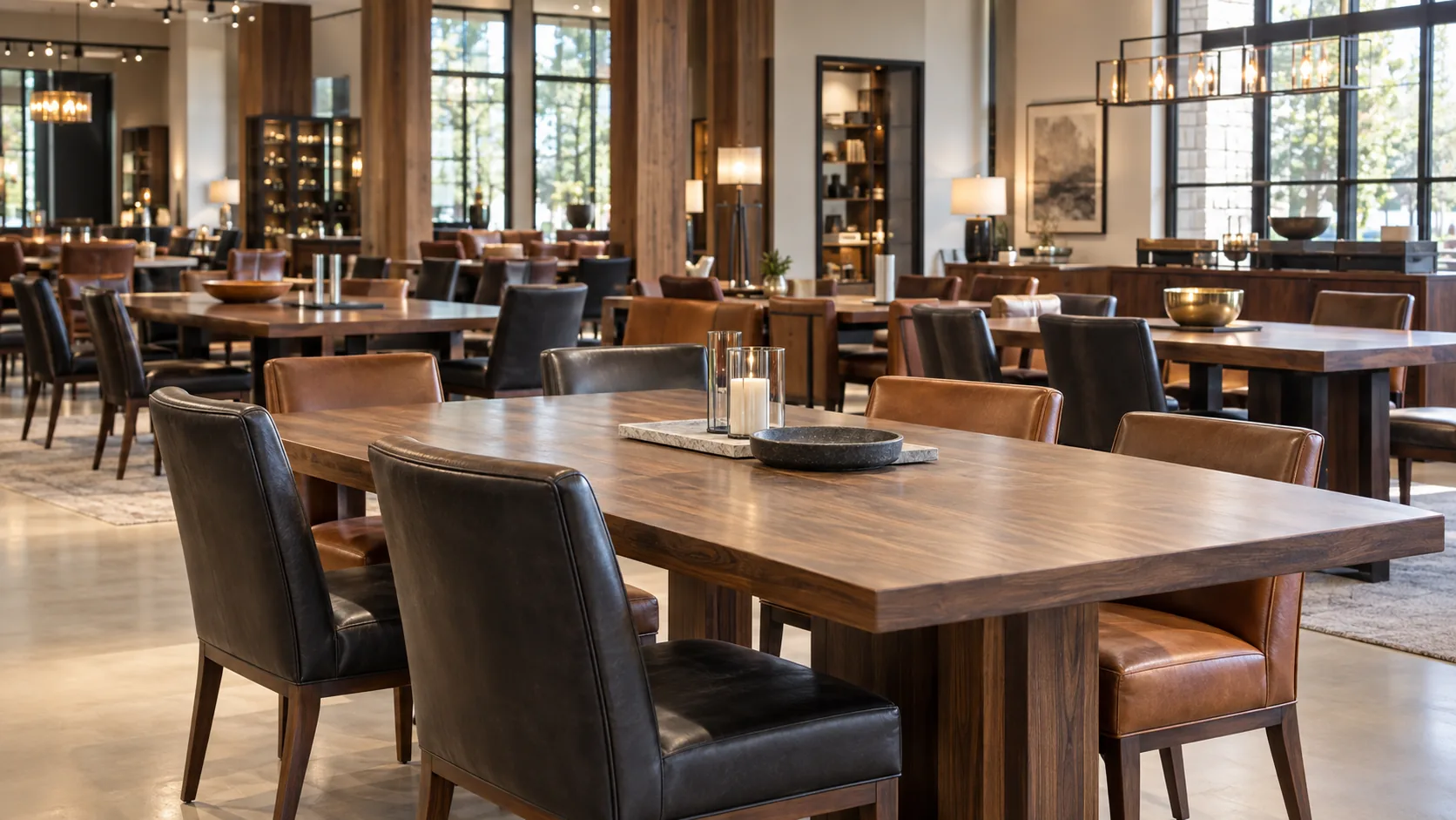Black and tan dining chairs on a furniture showroom floor