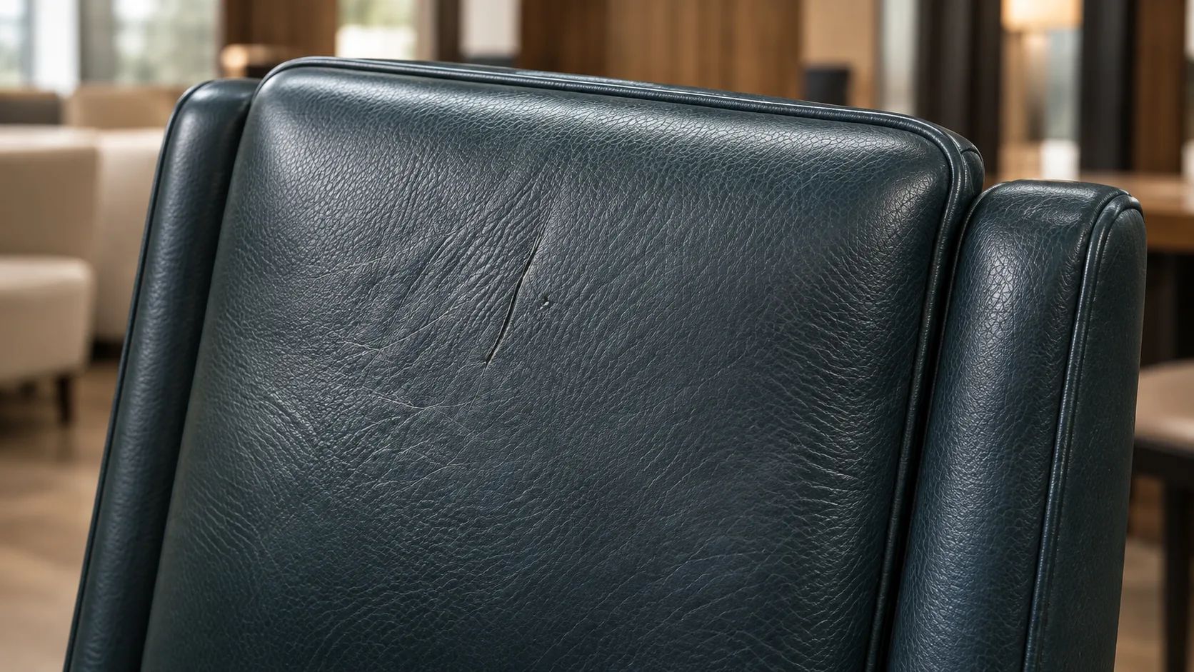 Slack, creased leather across the back panel of a navy chair
