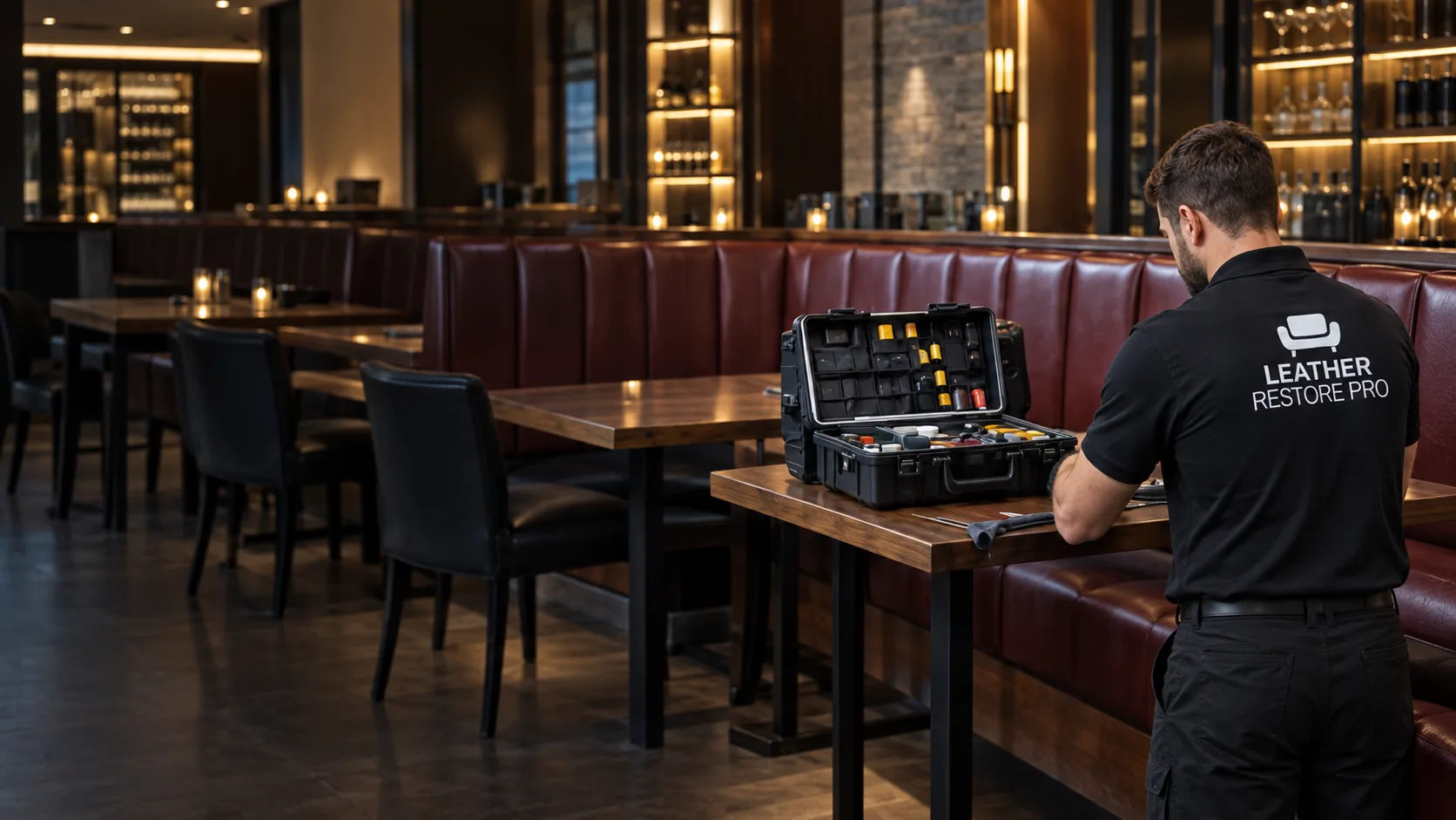 A Leather Restore Pro technician opening his tool case beside a leather banquette in a closed restaurant, ready for after hours furniture repair
