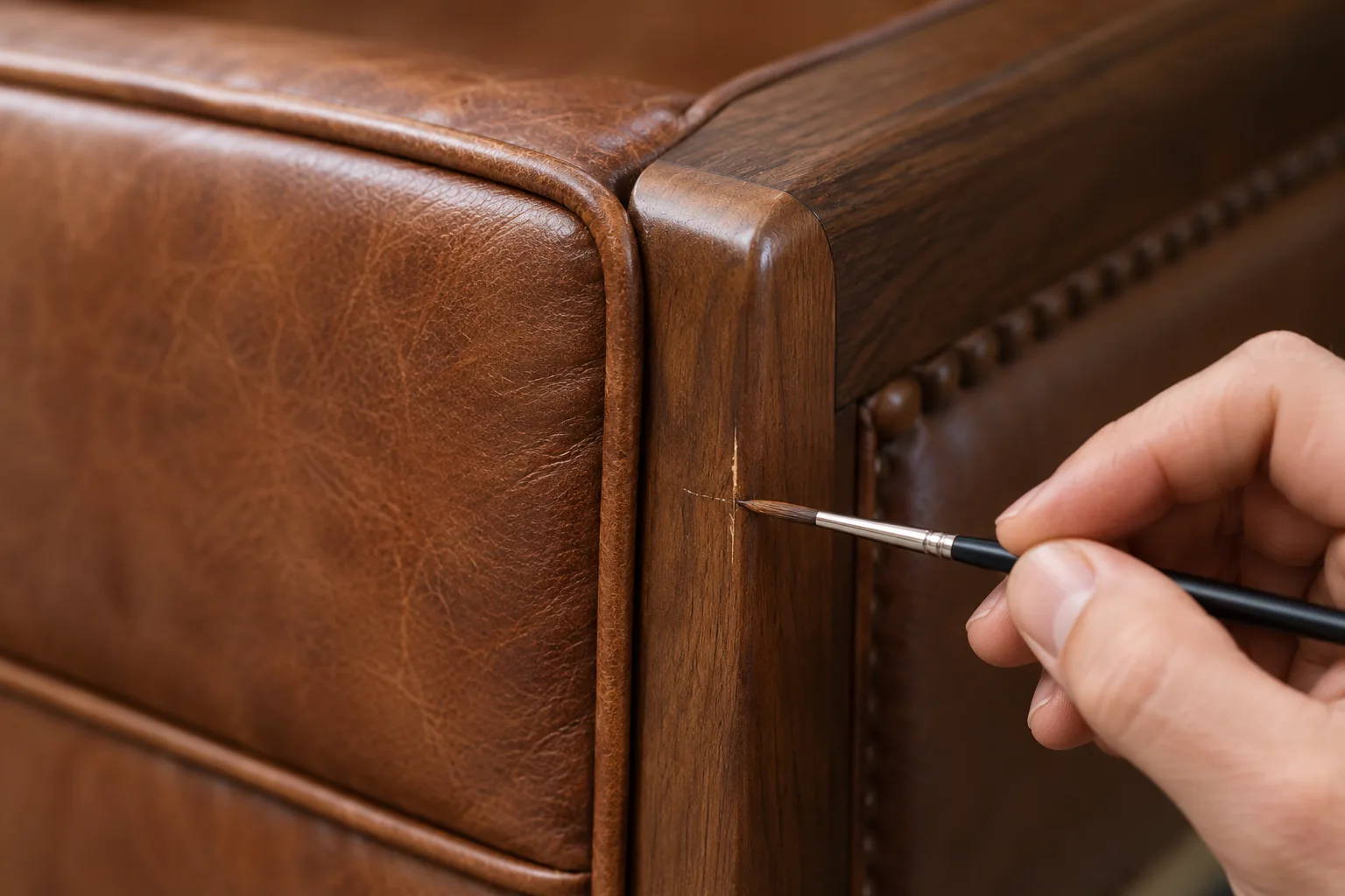 Fine brush touching up the wooden frame of a brown leather chair