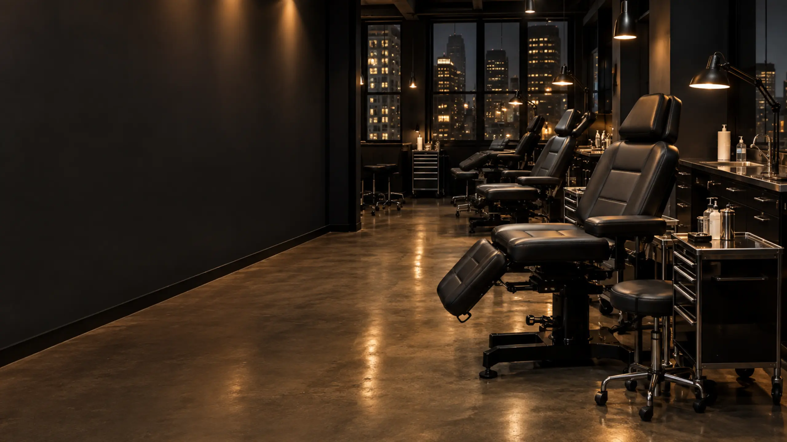 An empty tattoo studio in the evening with black client chairs by the windows