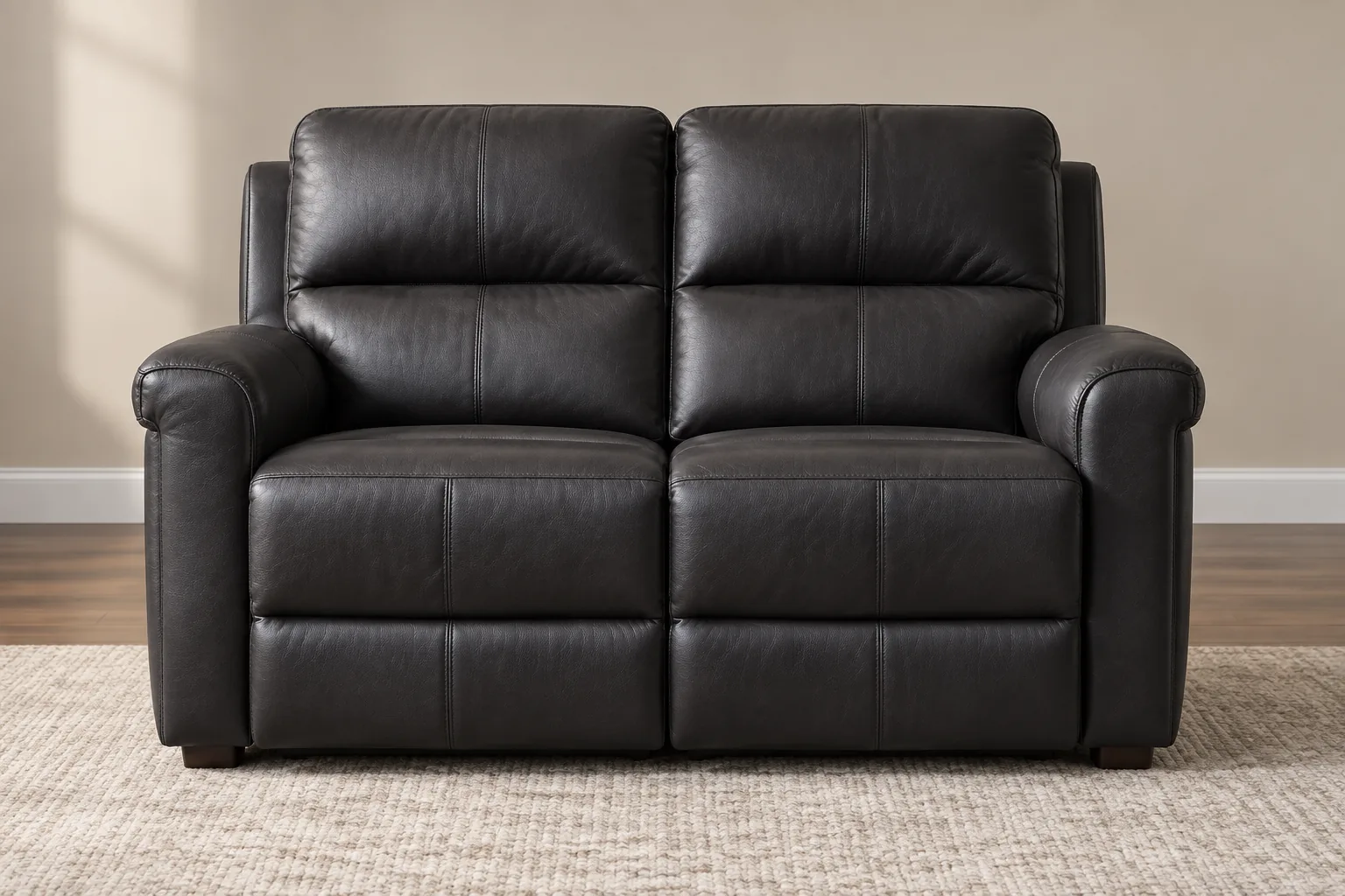 Espresso leather reclining loveseat with padded arms and a divided back