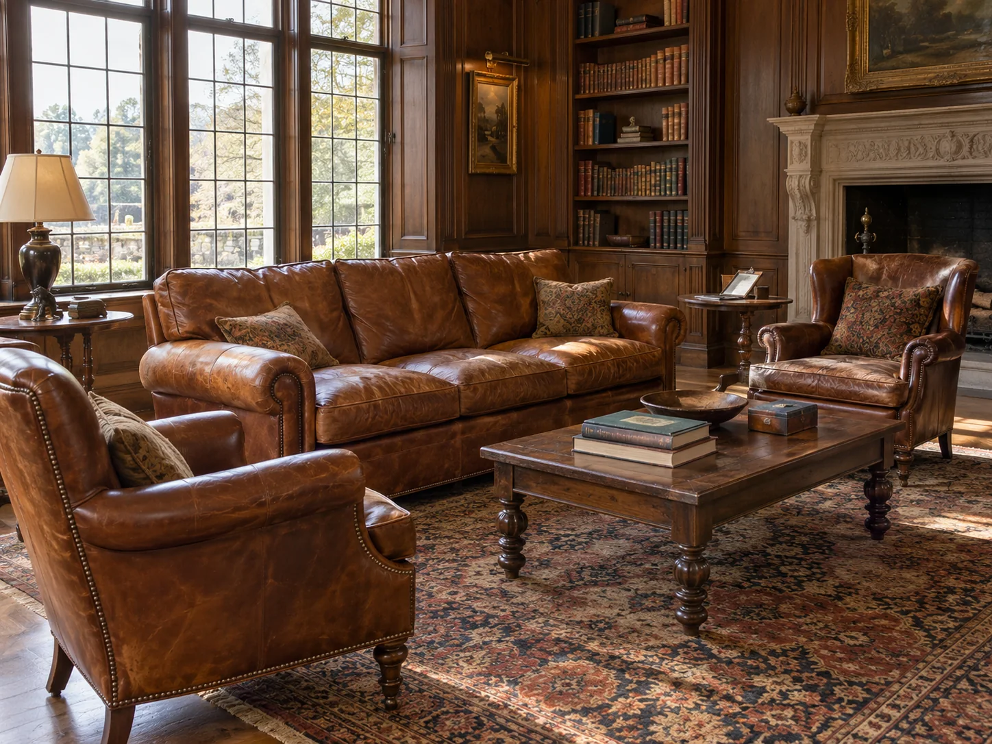 Leather furniture in a large, quiet family room