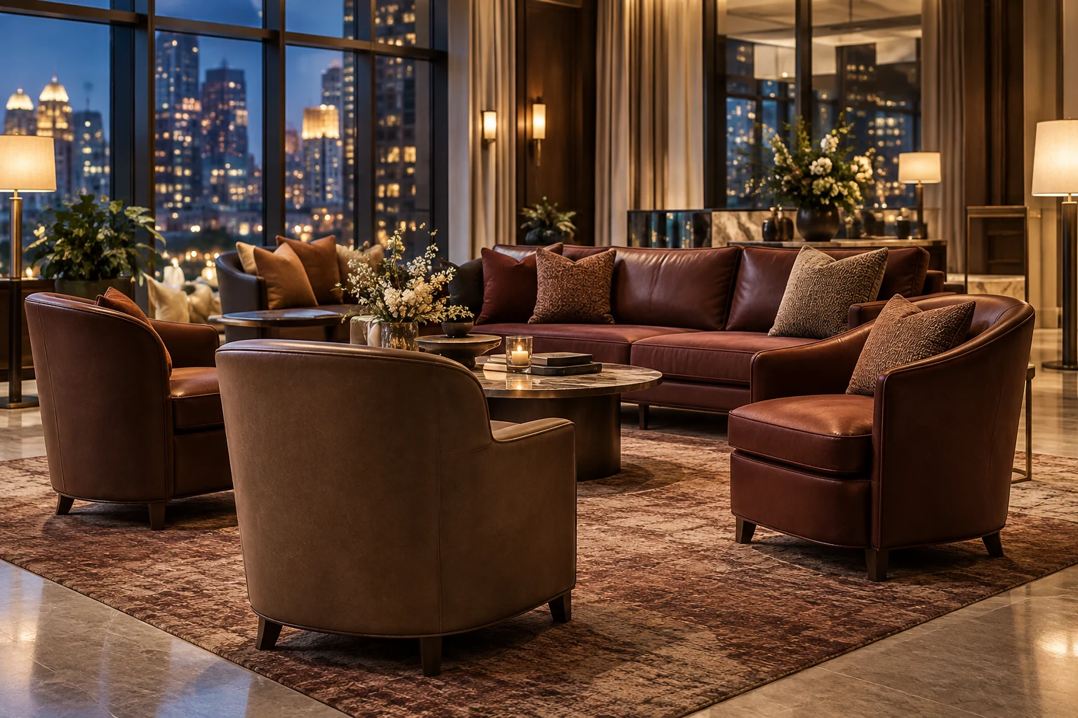 A hotel lounge at night with brown leather tub chairs