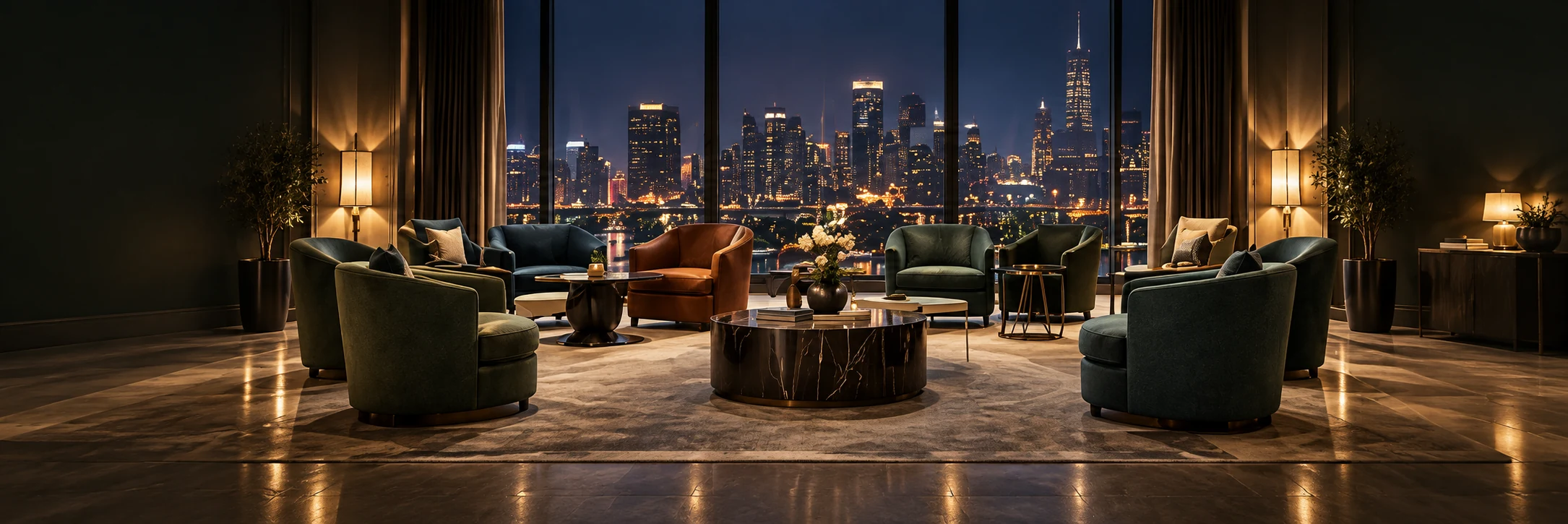 A hotel lounge at night with dark green leather tub chairs and the city skyline