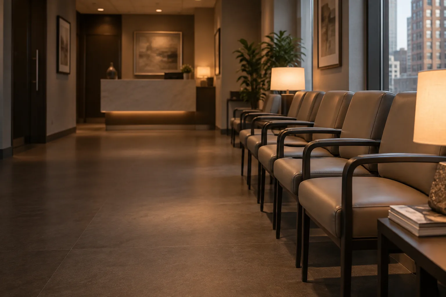 An evening clinic waiting room with rows of taupe chairs and warm lamps