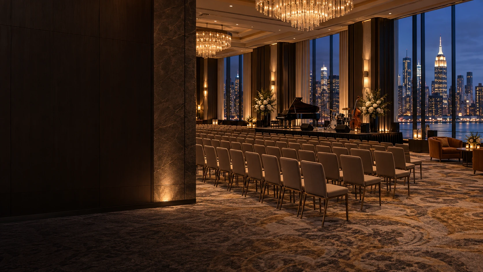 An event venue ballroom set and lit for an evening event with rows of chairs