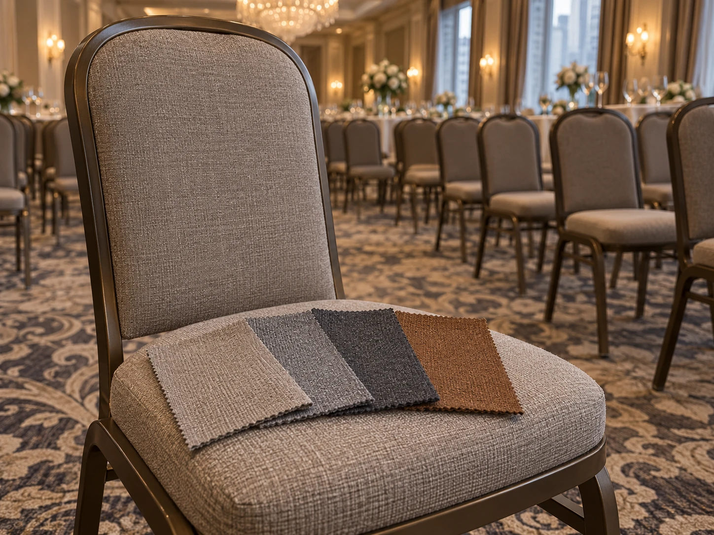 Fabric samples laid on a banquet chair seat
