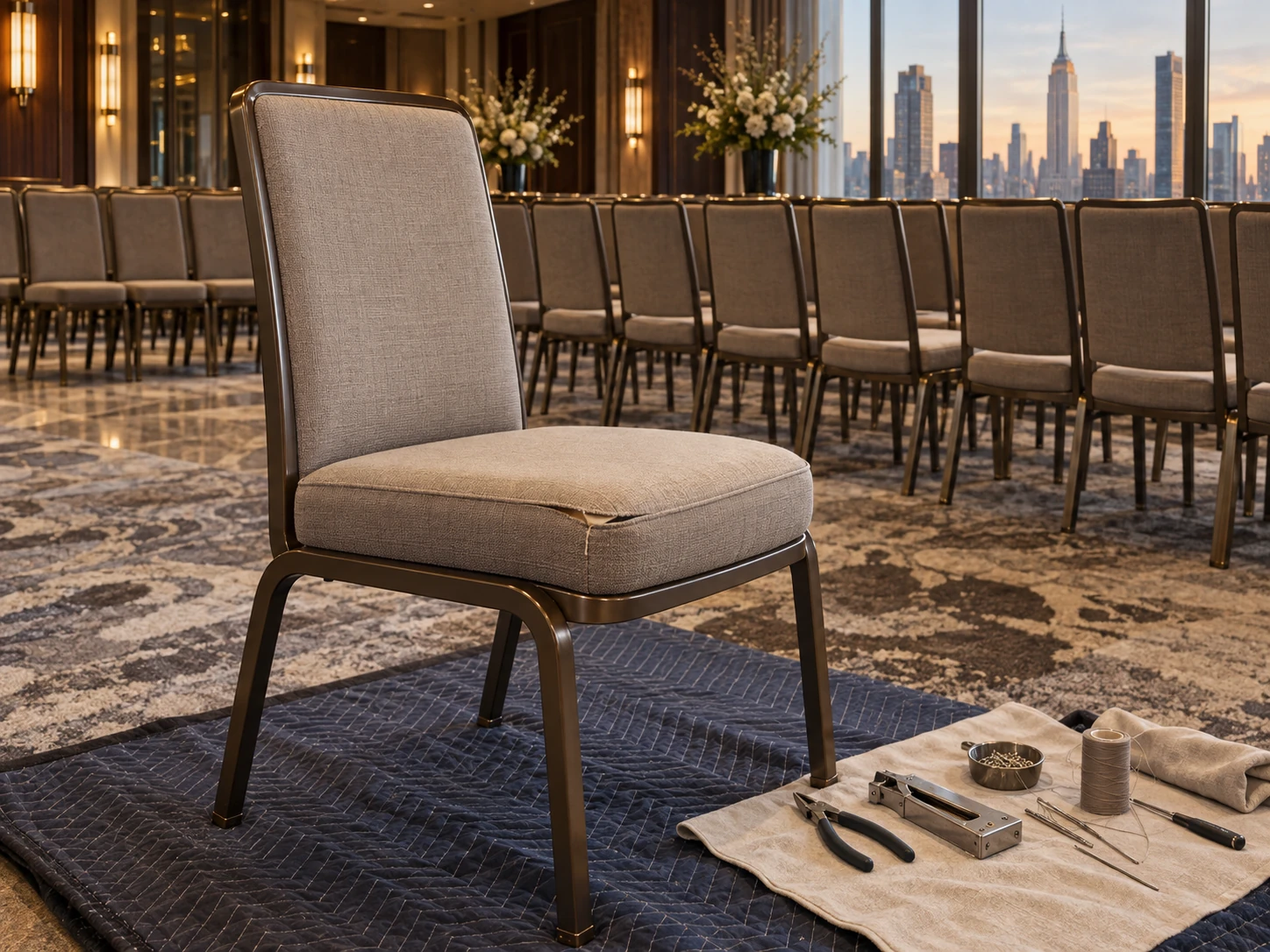 A banquet chair being repaired at an event venue with tools laid out