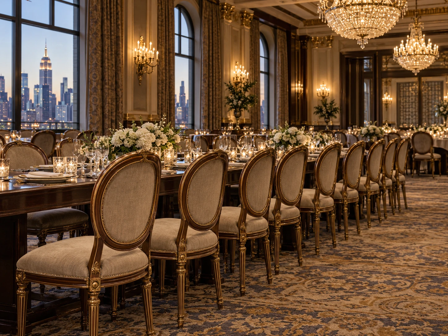 A run of restored gilt-frame ballroom chairs