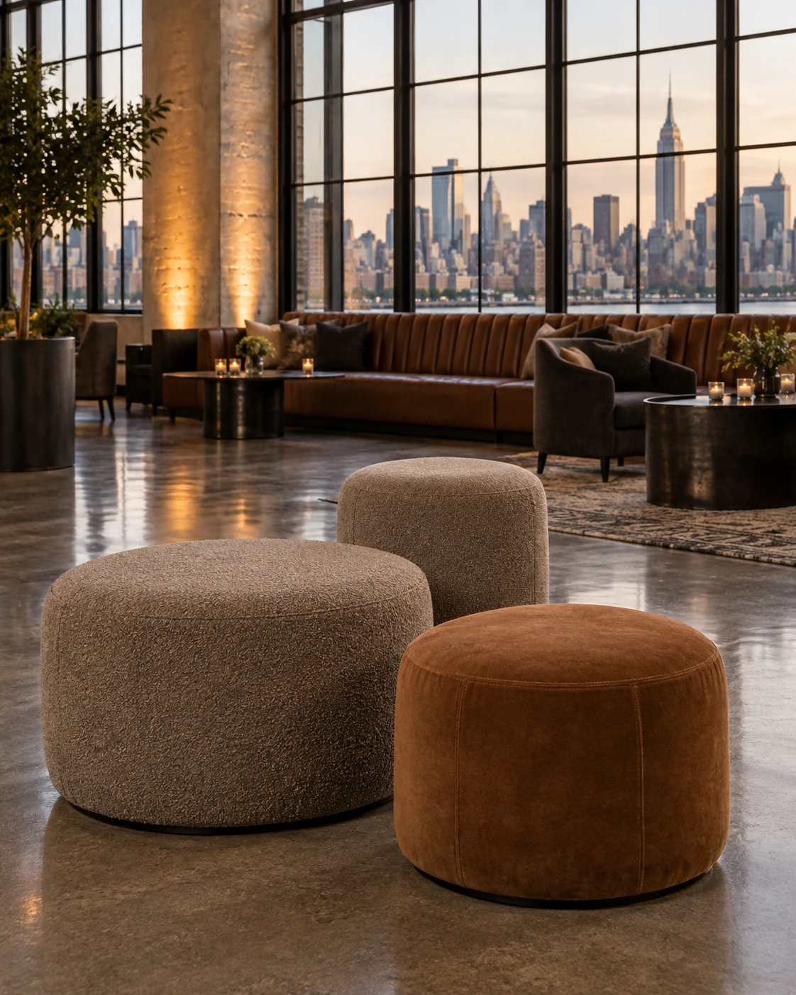 Ottomans and poufs in an event venue lounge