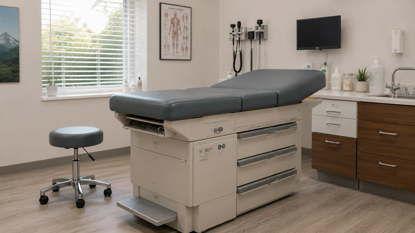 A standard exam table with a cabinet base, drawers and a pull-out step in an exam room