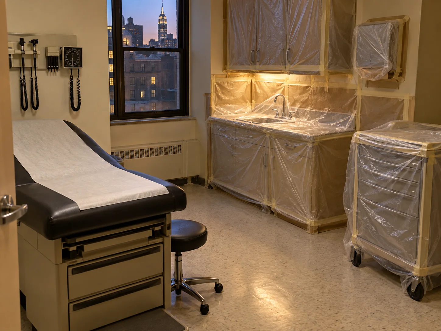 An exam room at night with the counter, cabinets and supply cart covered in plastic sheeting