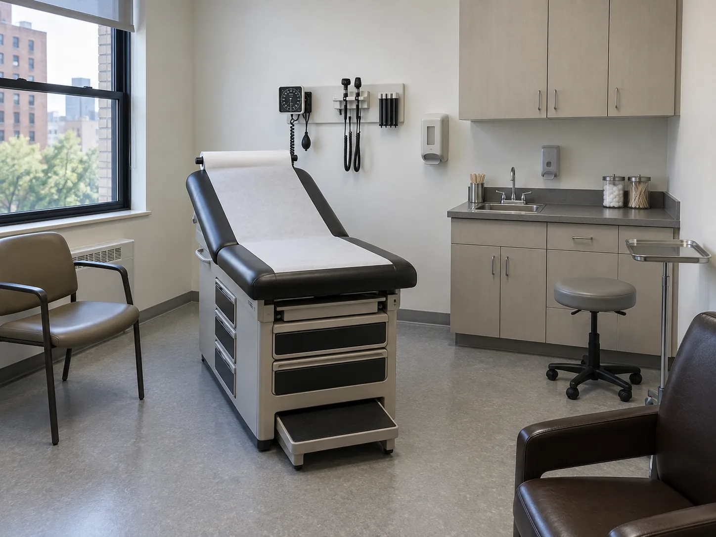 A black medical grade vinyl exam table in an exam room