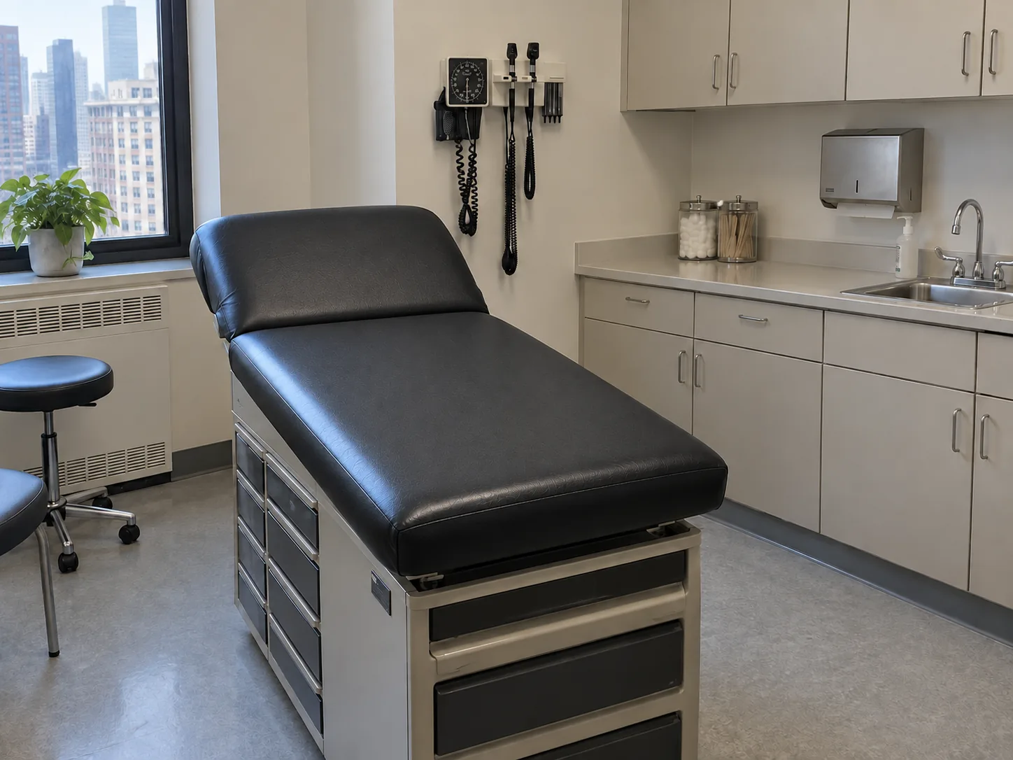 The same exam table recovered in black medical grade vinyl