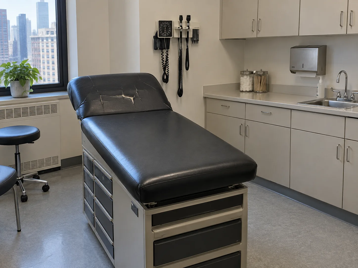 A black vinyl exam table cracked at the head end before recovery