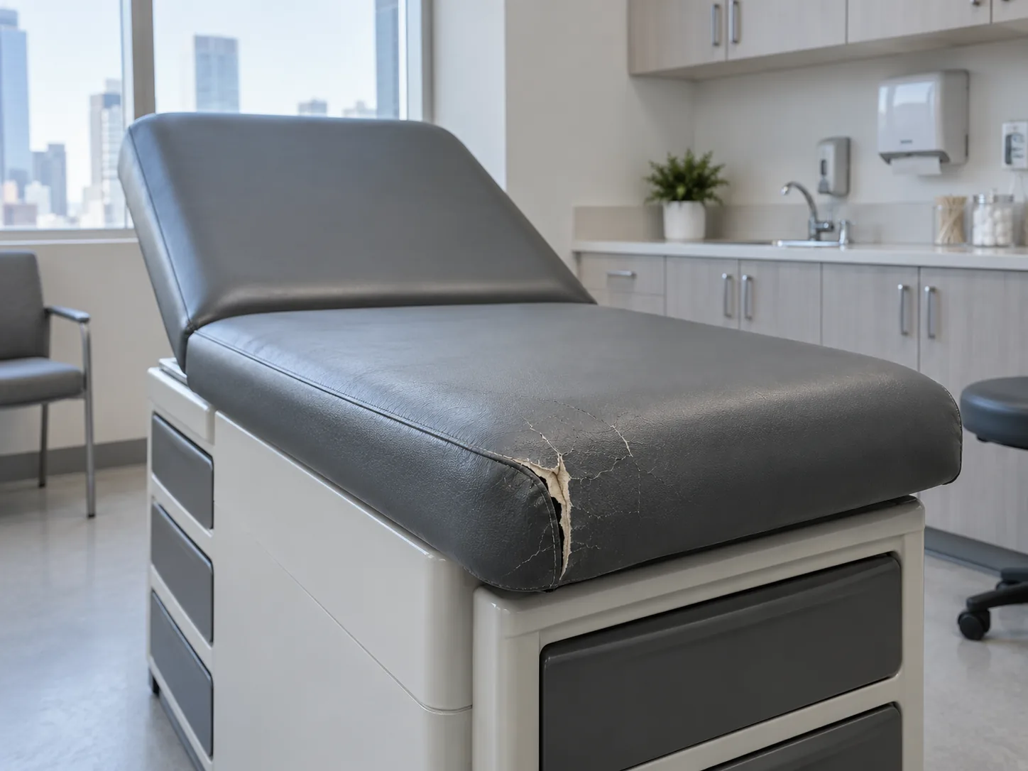 An exam table with cracked charcoal vinyl at the pad corner before repair