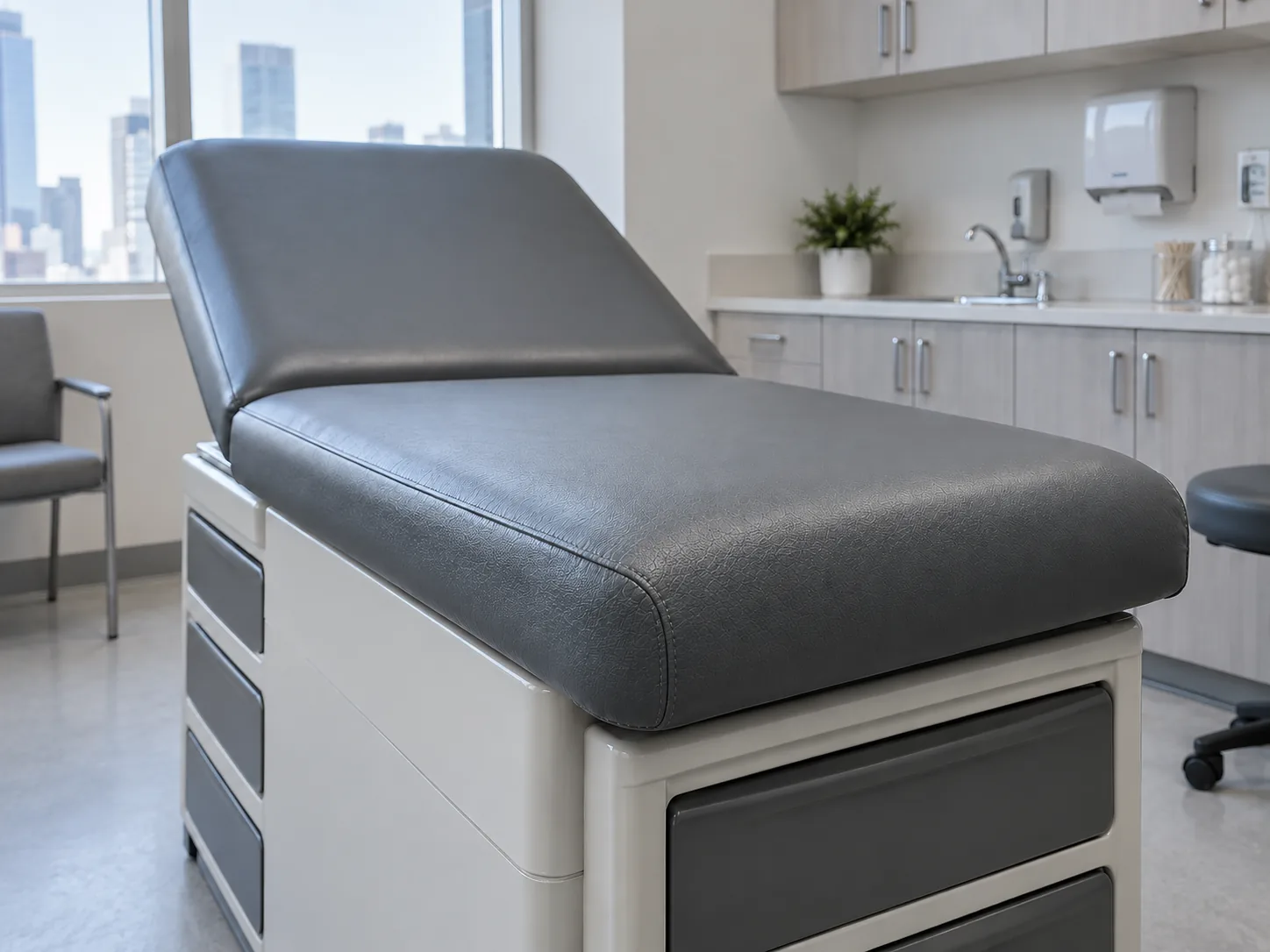 The same exam table with its top pad reupholstered in smooth charcoal vinyl