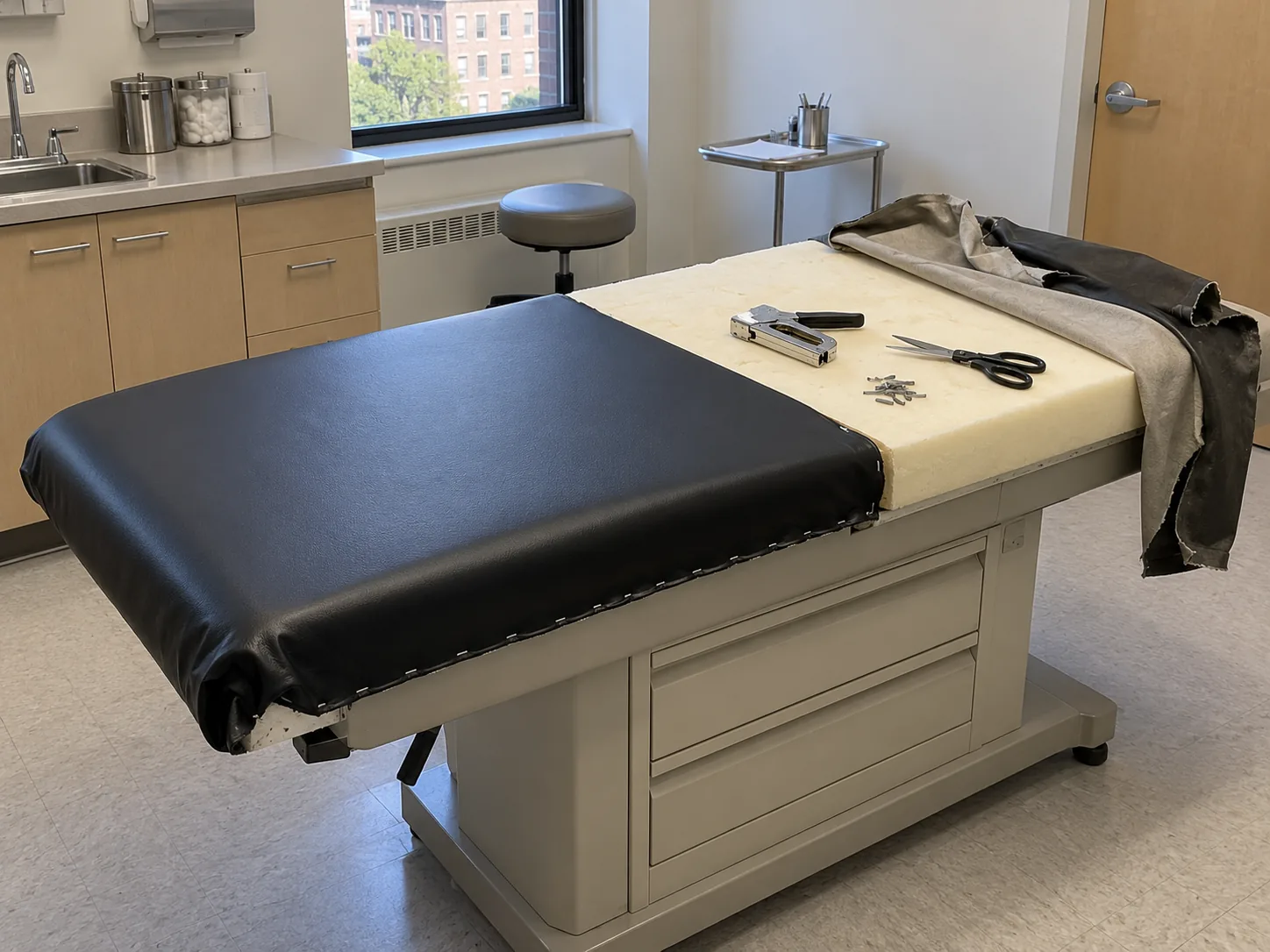 An exam table top mid-recovery with tools resting on it