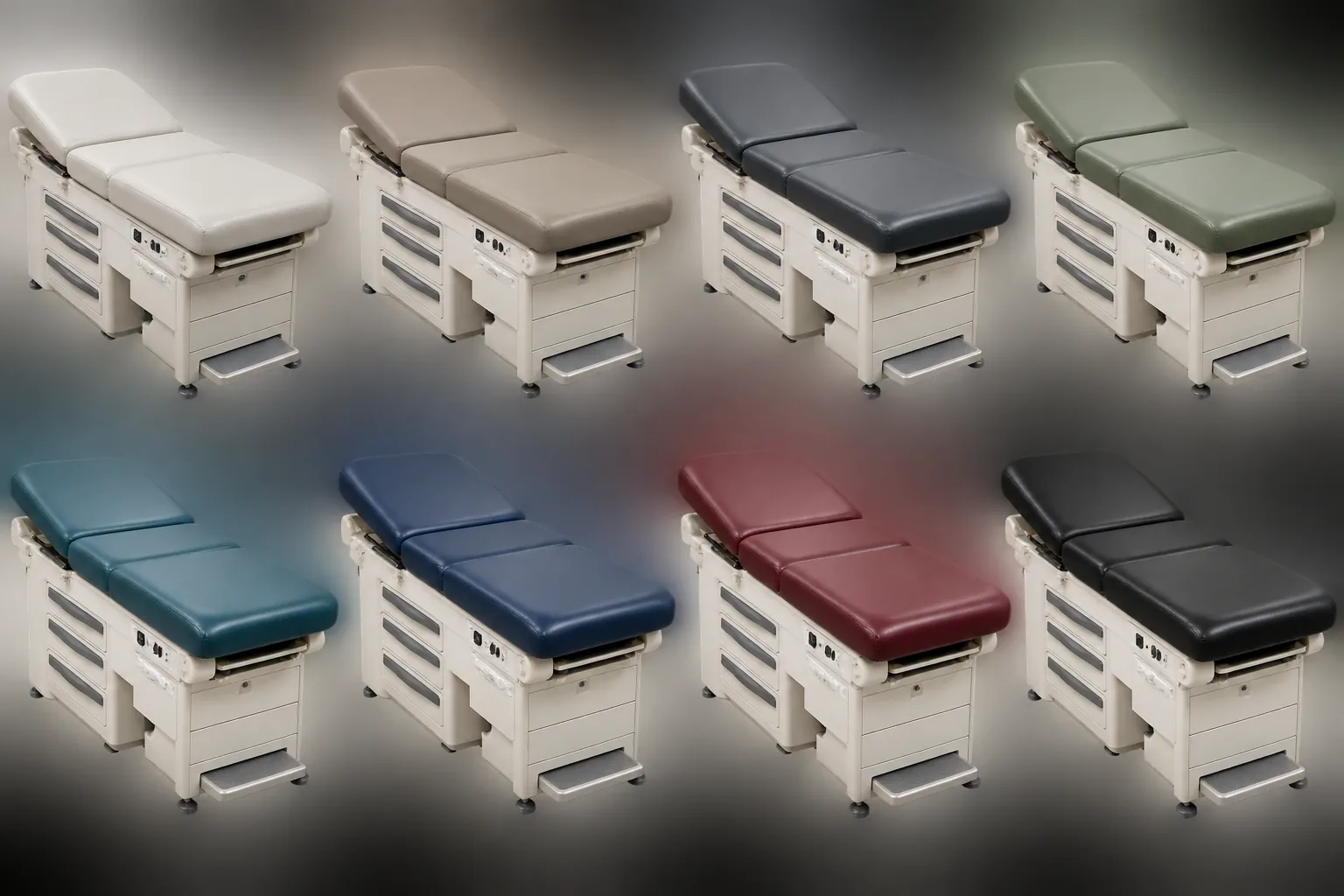 A range of exam tables in eight vinyl colors