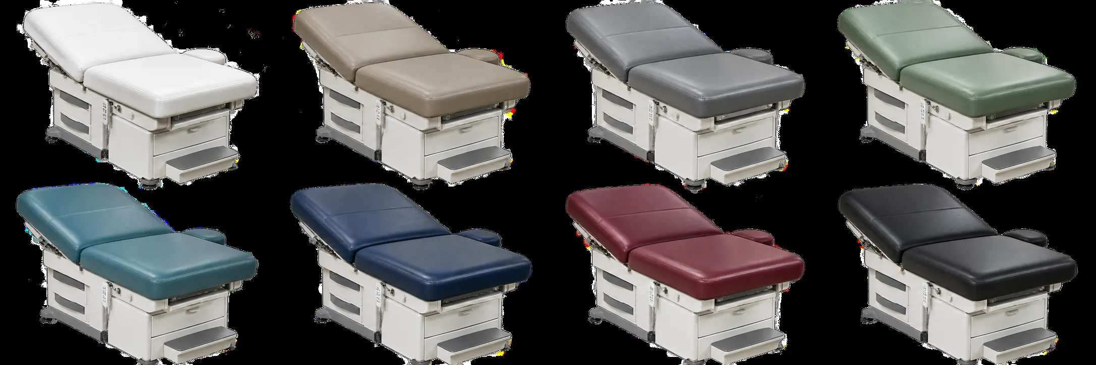 Eight exam tables side by side in white, taupe, grey, sage, teal, navy, burgundy and black vinyl