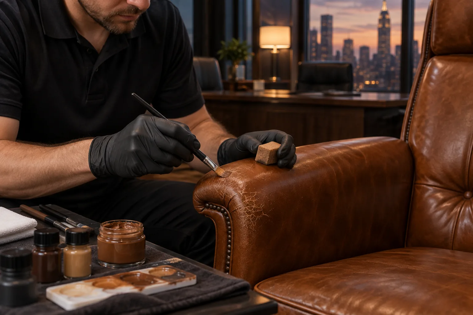 Gloved hands fill and re-color a worn arm cap on a leather executive chair