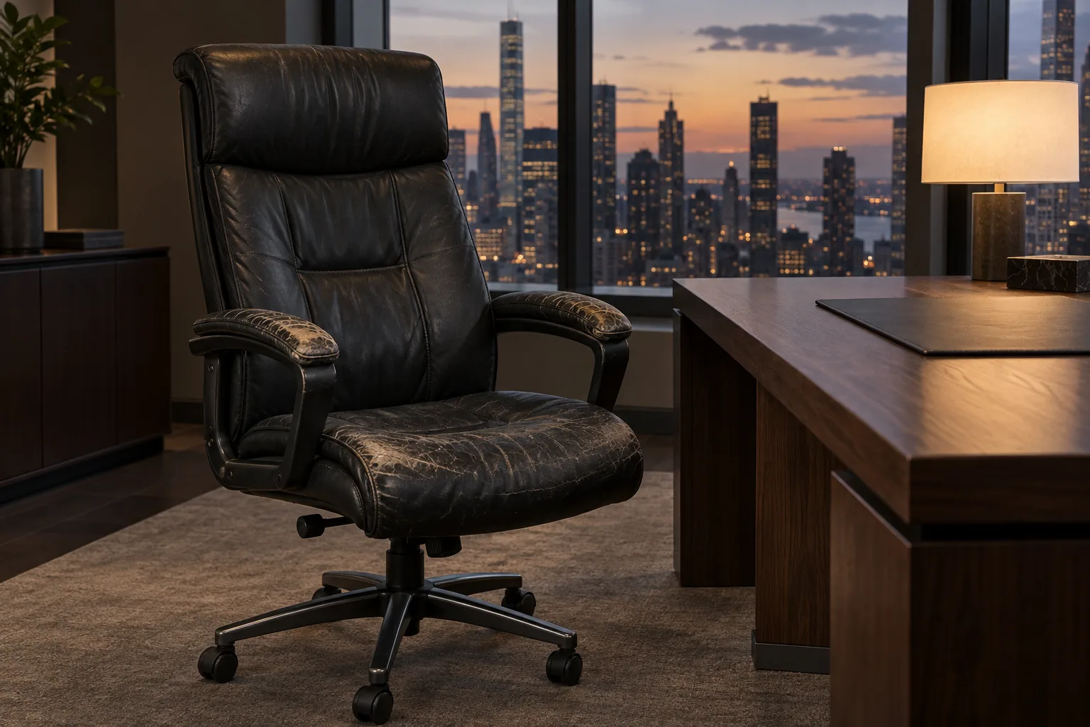 Black executive chair with cracked arms and seat