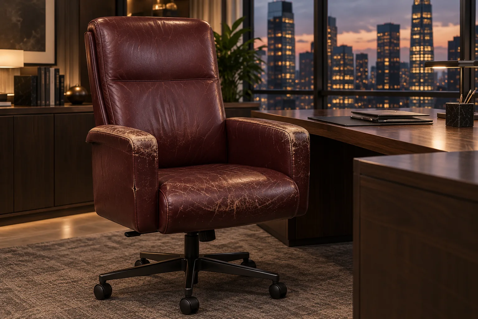 Oxblood executive chair with worn arms and seat
