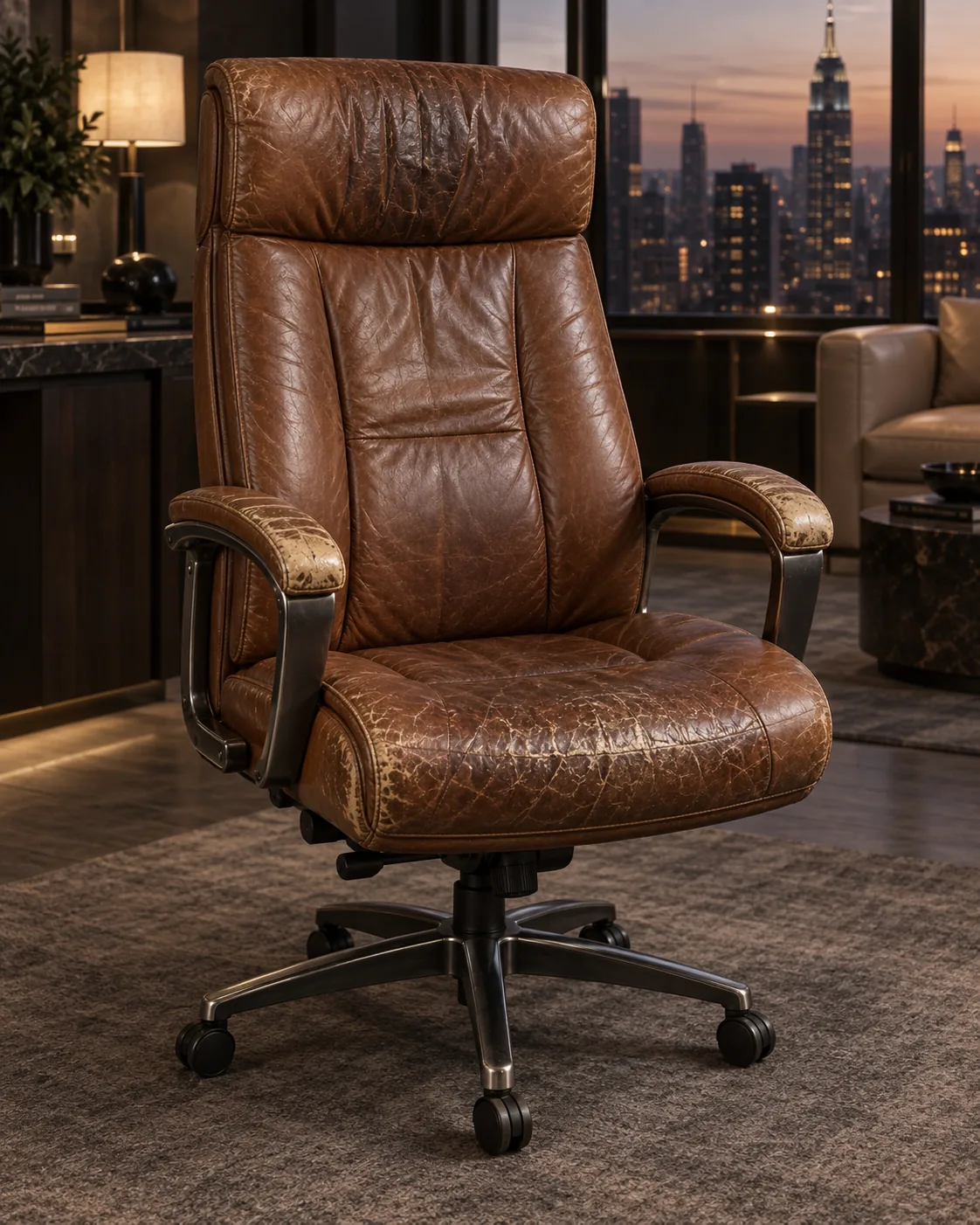A worn high-back leather executive chair showing creased headrest, pale arm caps and a cracked seat edge