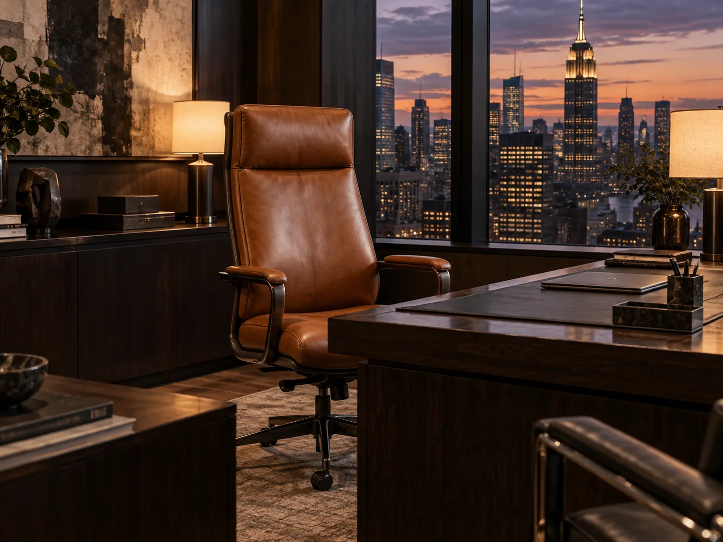 Reupholstered executive chair back at its desk