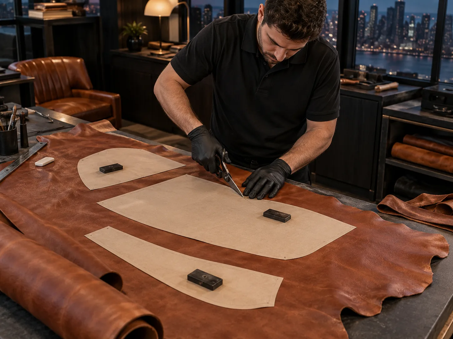 New leather pattern pieces cut on a workbench