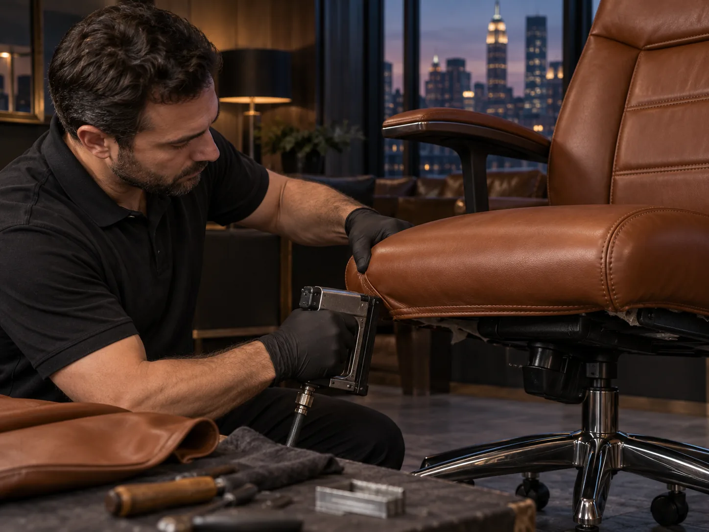 New leather fitted to an executive chair seat