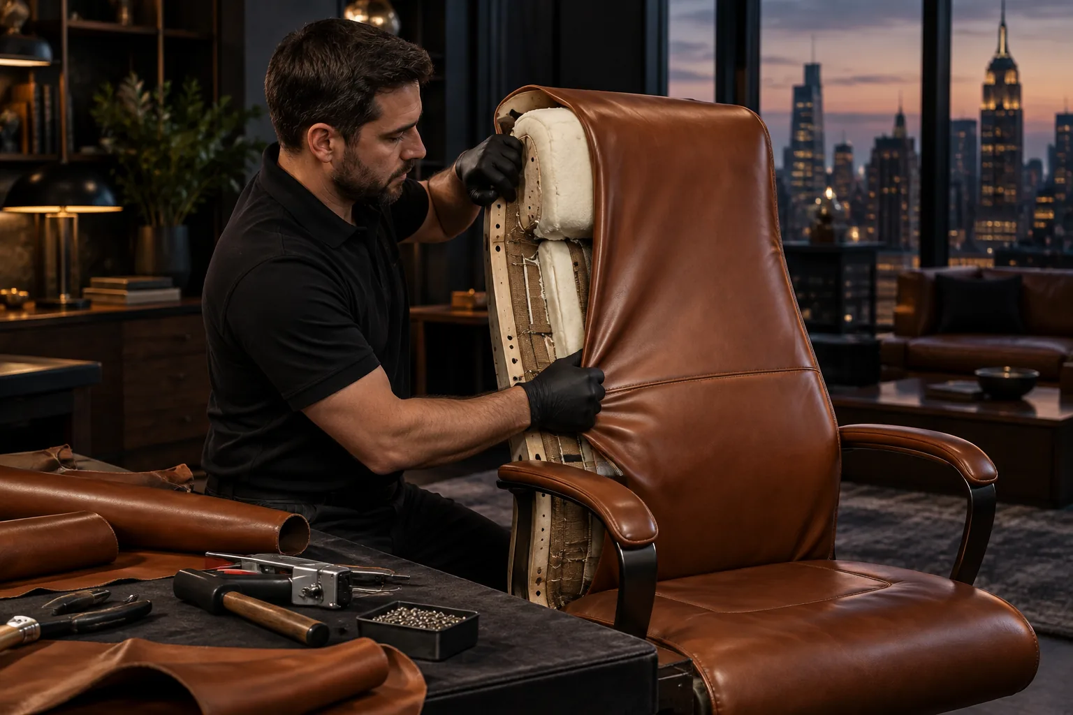 New leather stretched and fitted over the back of a stripped executive chair