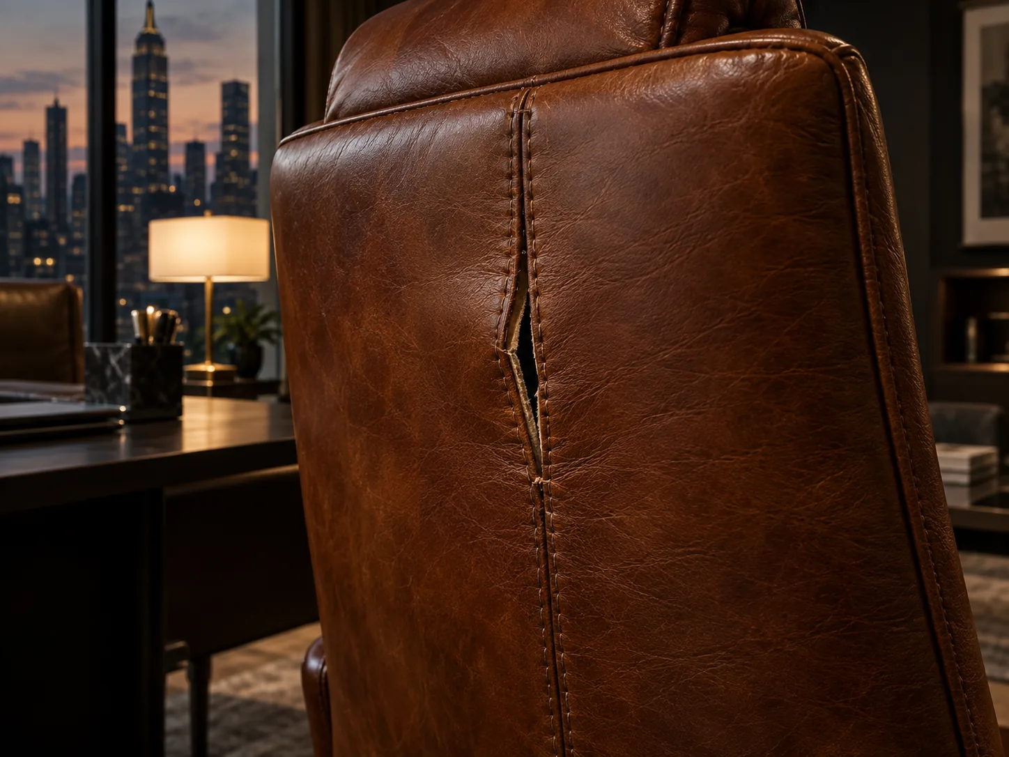 Split seam on a leather chair back