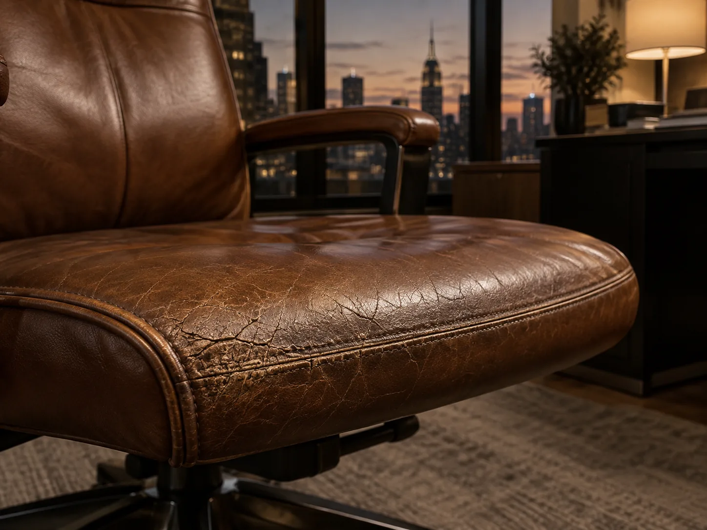 Cracked front edge of a leather chair seat