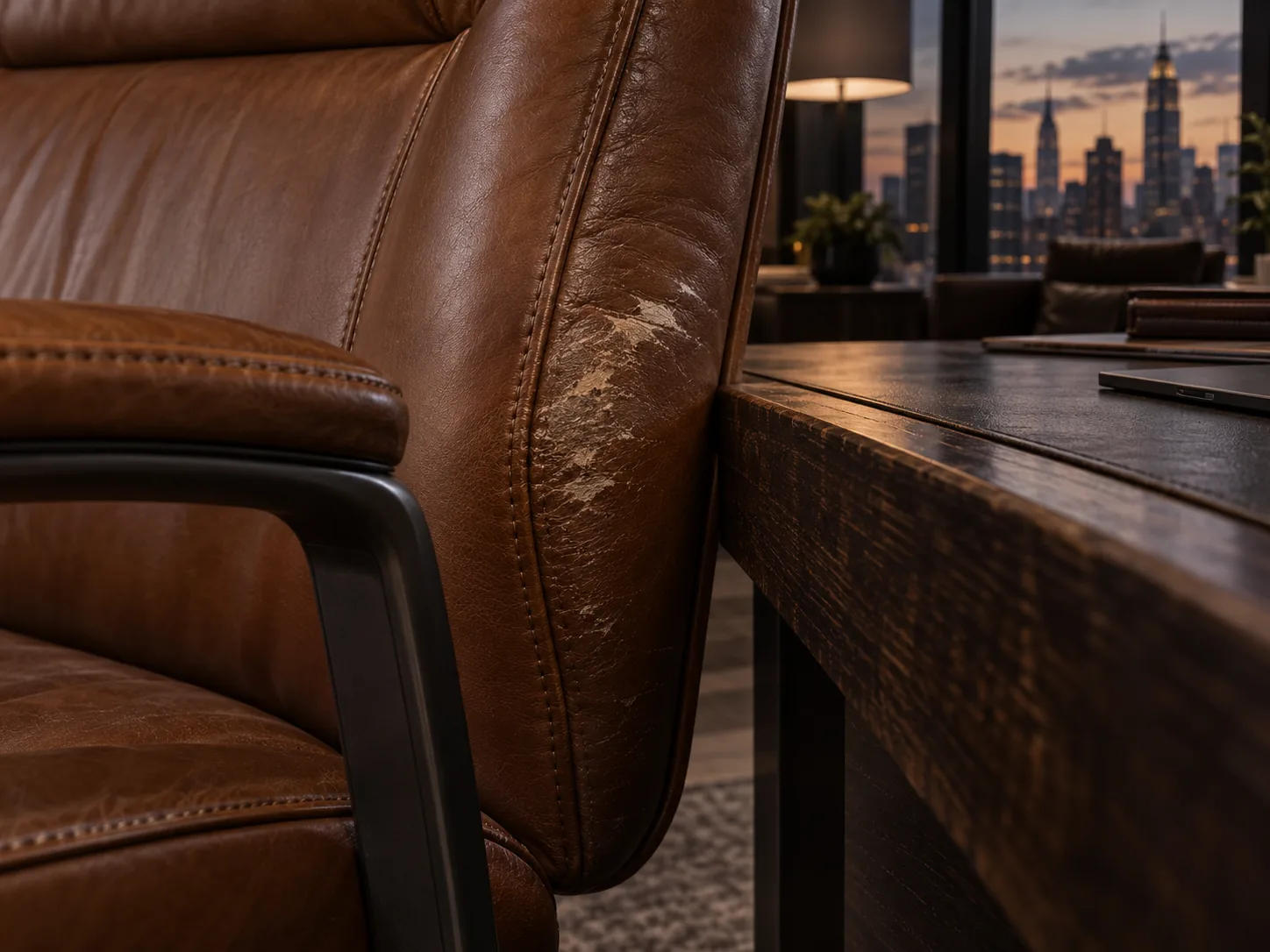 Scuffed leather on the side bolster of an executive chair