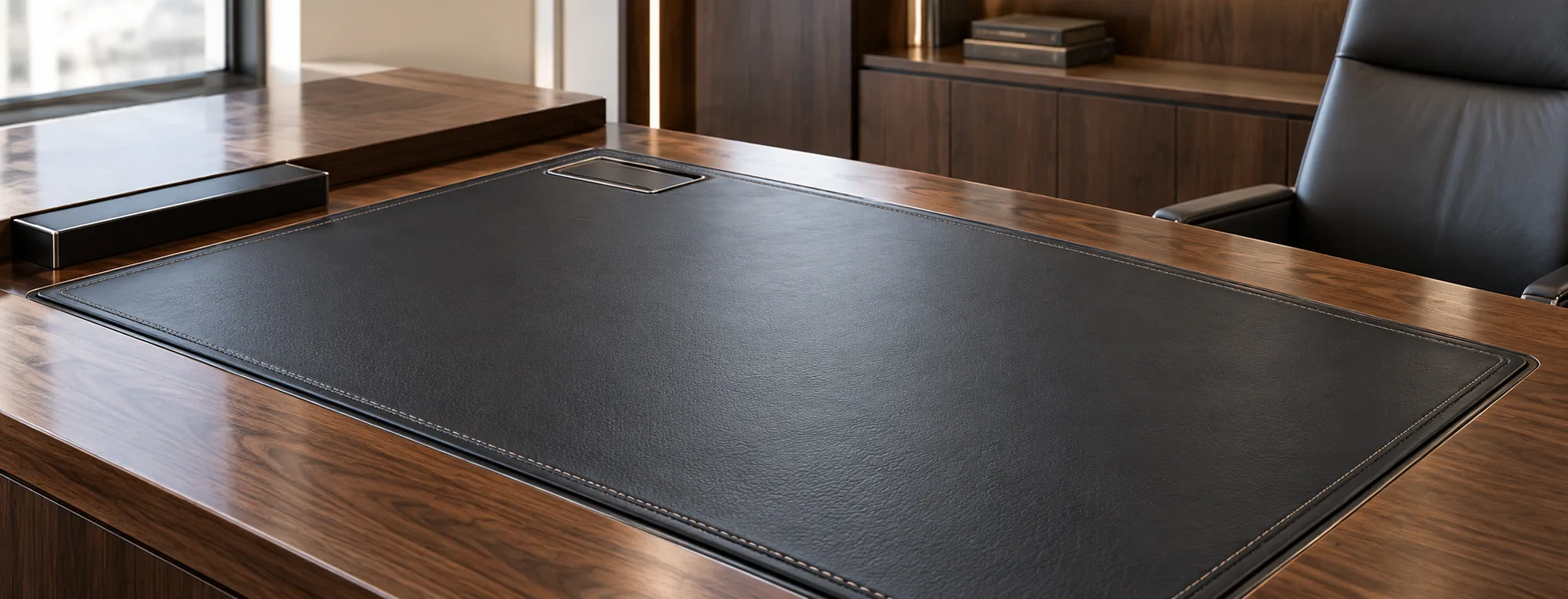 Executive desk with a replaced leather inlay top in a corporate office
