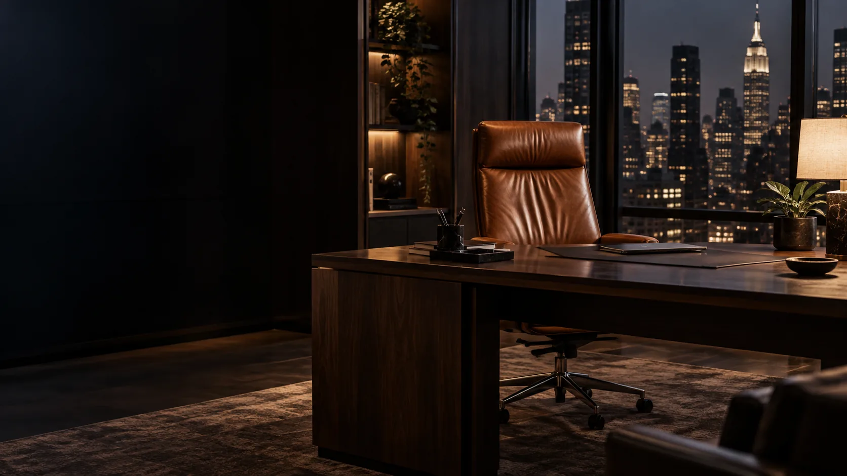 Executive office with a leather chair in the evening