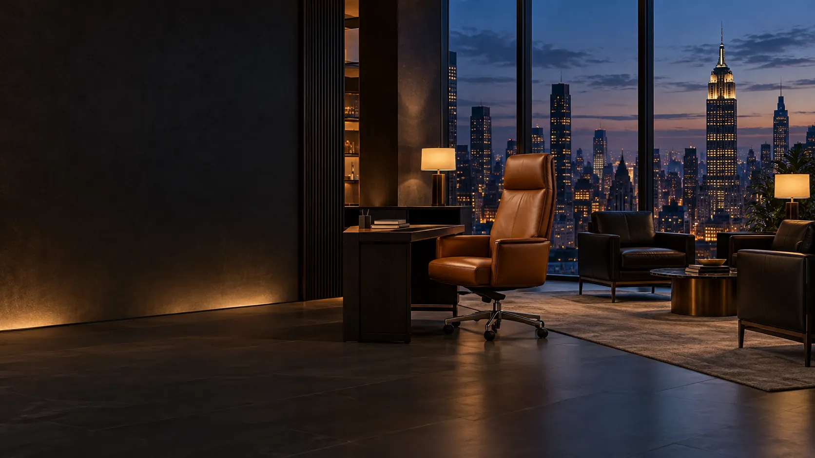 An executive office at night with a cognac leather chair and the city skyline