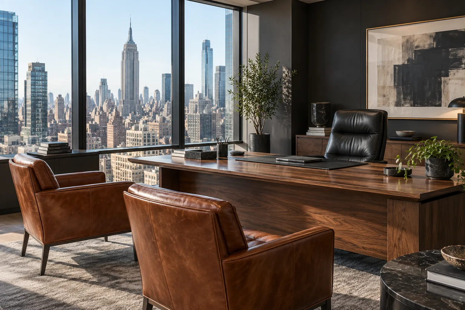 Leather guest chairs facing an executive desk