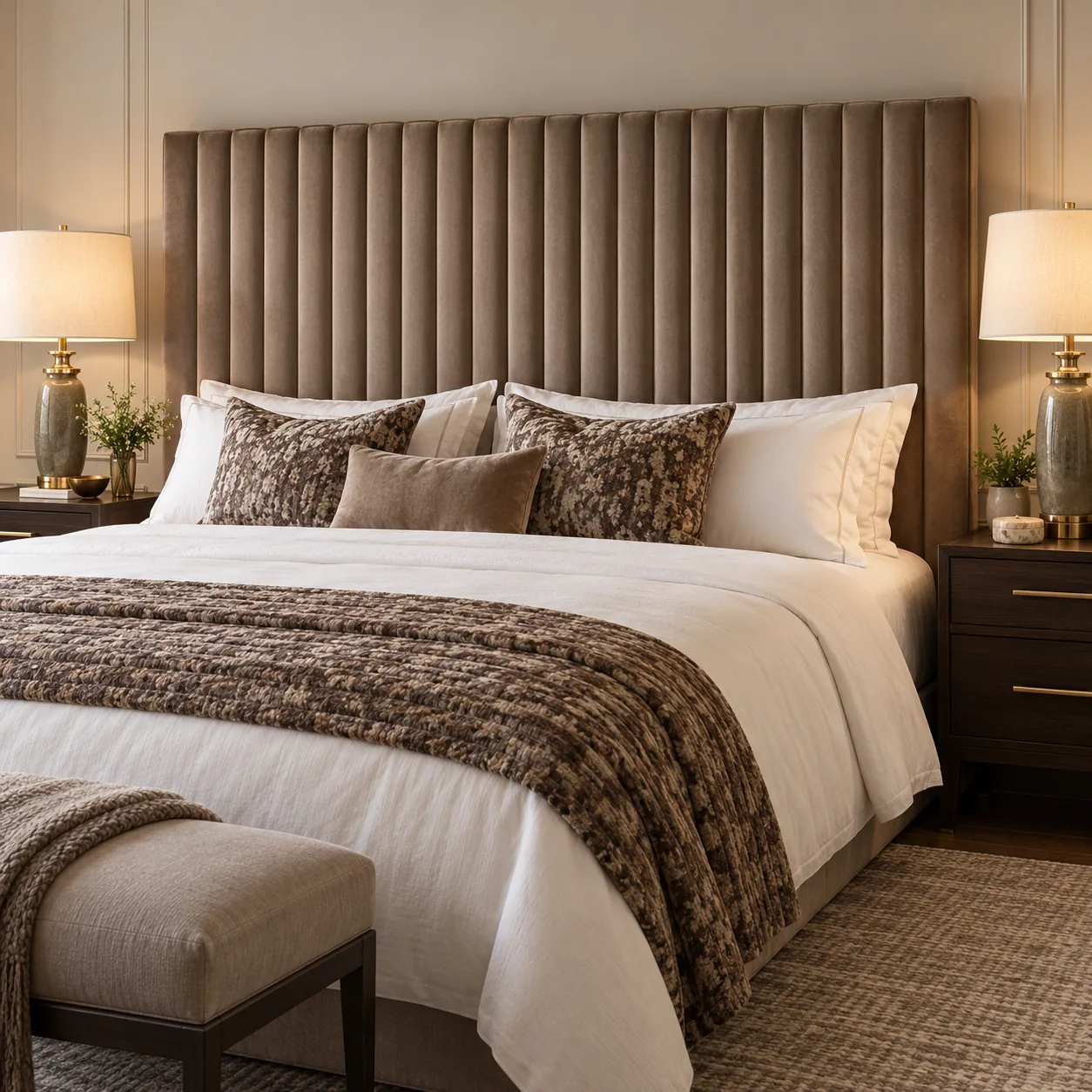 Extra-wide mushroom channel-tufted headboard running behind both nightstands