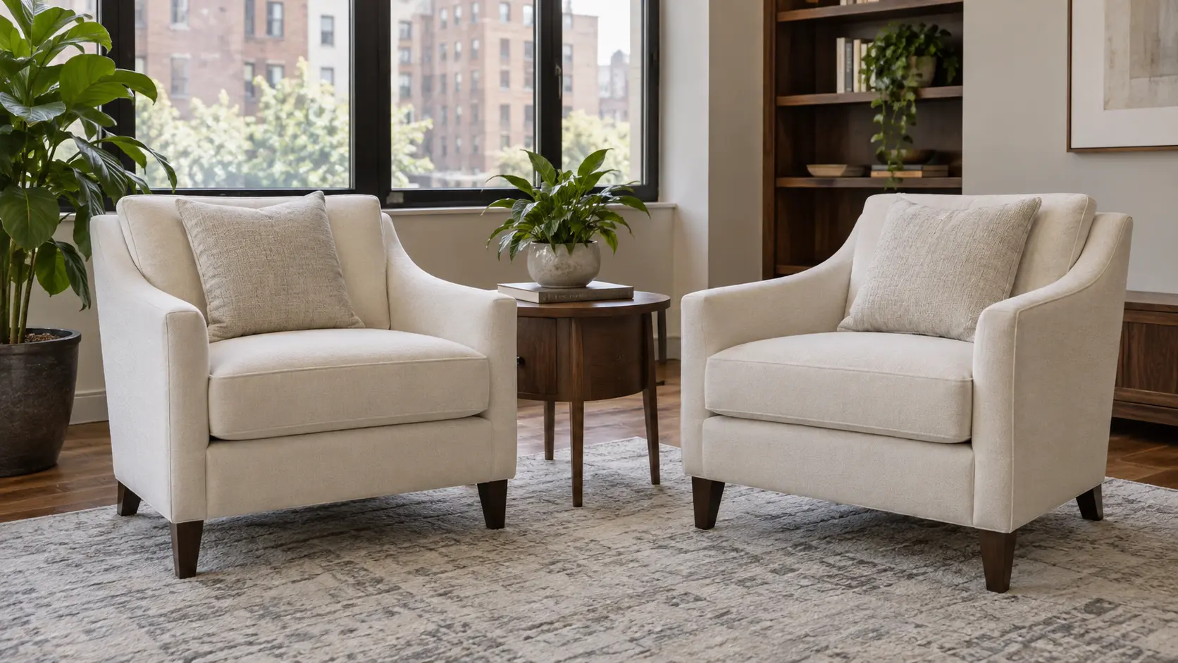 Light fabric club chairs in a resident lounge