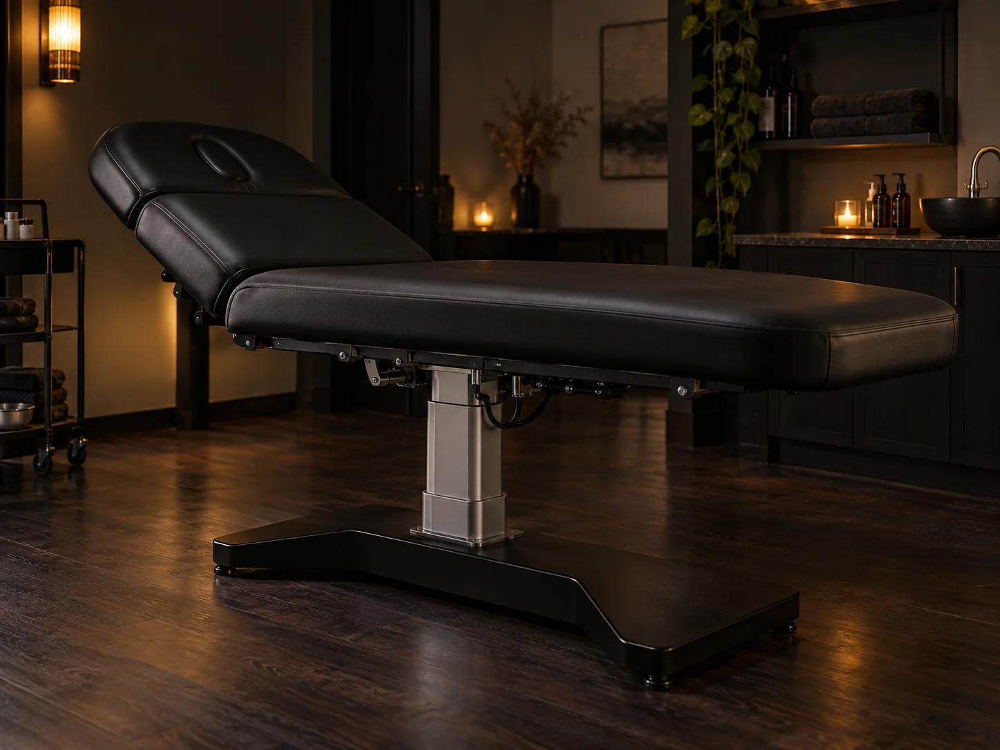 A vinyl facial bed top on its electric lift column in a treatment room